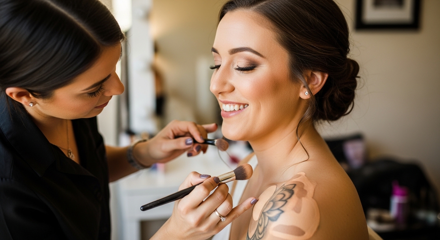 A confident bride smiling while a makeup artist gently applies skin-tone makeup to a tattoo on her shoulder